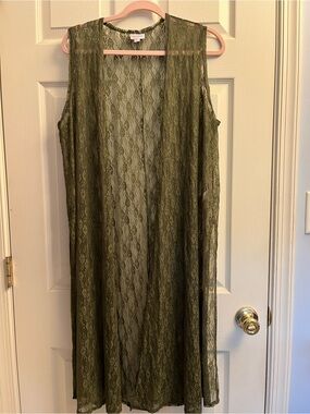 #5 LuLaRoe Women’s Olive Green Lace Floral Sleeveless Duster Vest Large